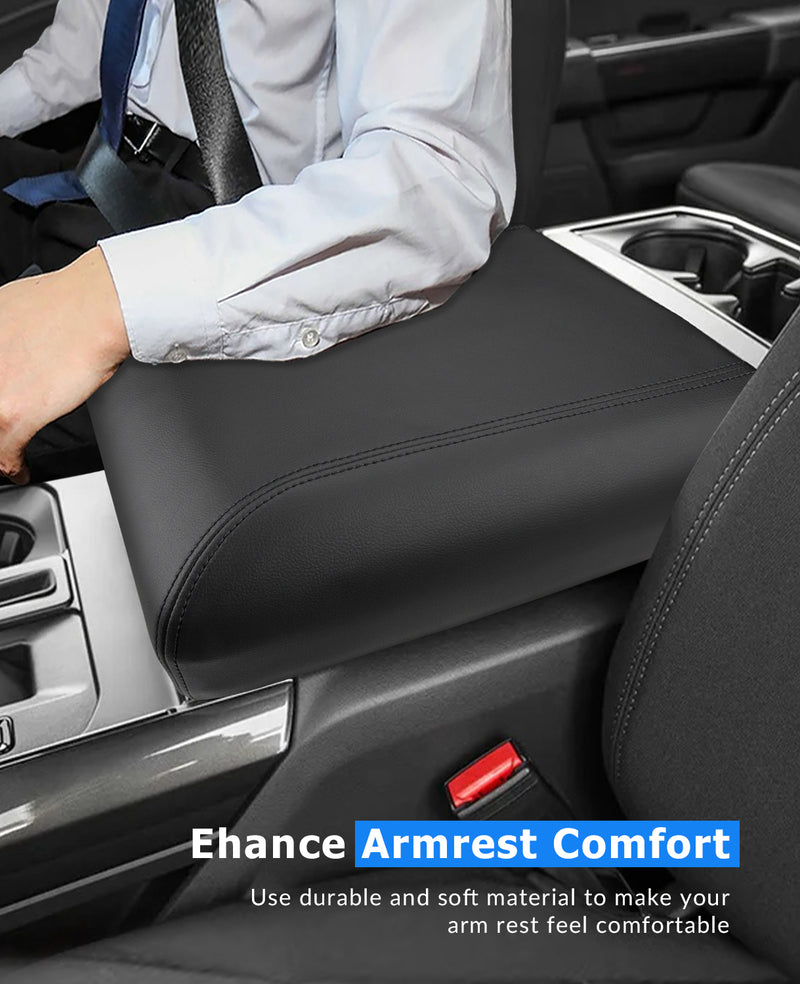 Soft leather armrest cover for Ford F150 providing elbow comfort and improved driving experience for long trips