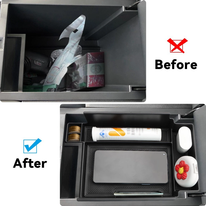 Before and after comparison of center console storage