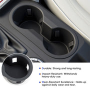 Image of a black car cup holder liner featuring its key benefits: durable and long-lasting, impact-resistant for heavy-duty use, and wear-resistant excellence.