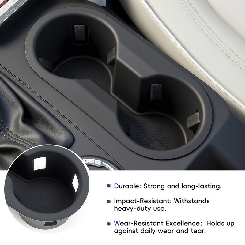 Image of a black car cup holder liner featuring its key benefits: durable and long-lasting, impact-resistant for heavy-duty use, and wear-resistant excellence.
