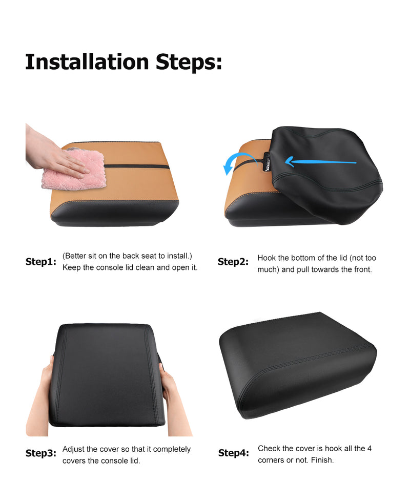 Easy installation process for Ford F150 center console armrest cover, showing step-by-step wrapping and fitting on armrest lid