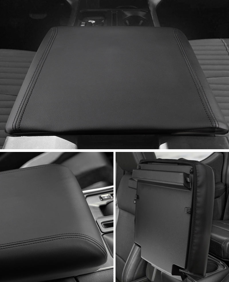 Installed center console armrest cover for Ford F150 showing snug fit on armrest lid without wrinkles, designed for 2021-2026 models