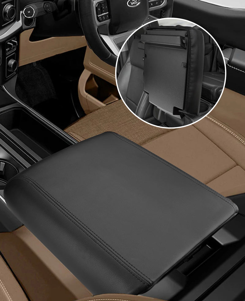 Installed center console armrest cover for Ford F150 showing snug fit on armrest lid without wrinkles, designed for 2021-2026 models
