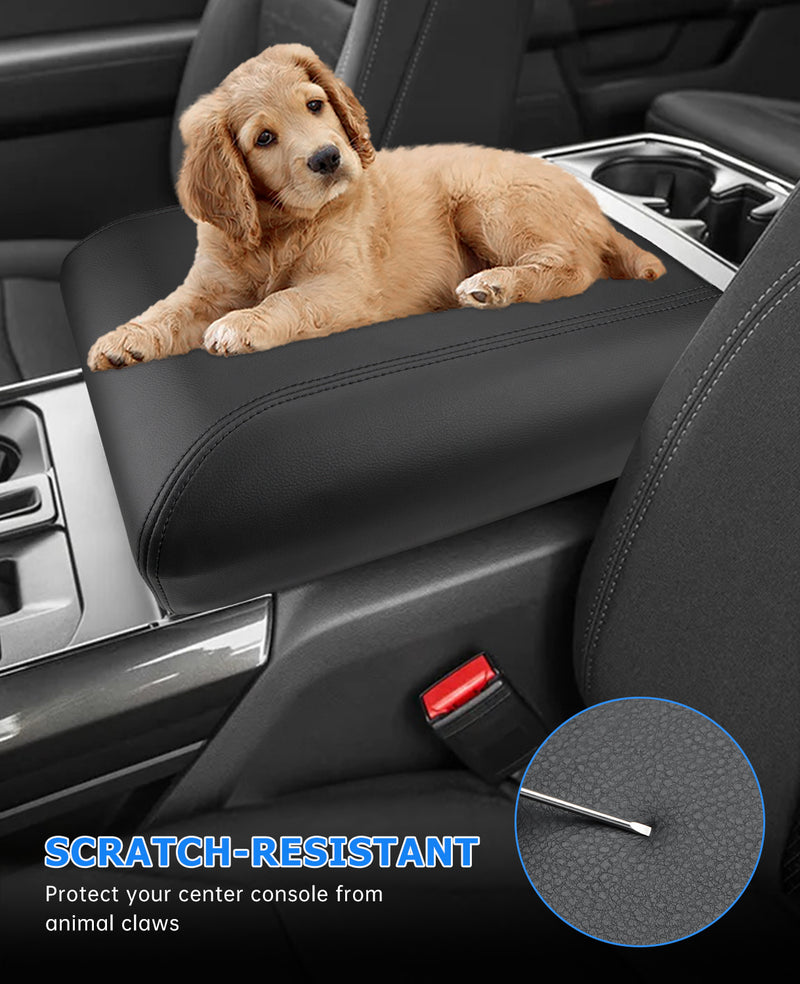 Ford F150 center console armrest protector showing resistance against scratches, dirt, and spills, protecting original armrest surface