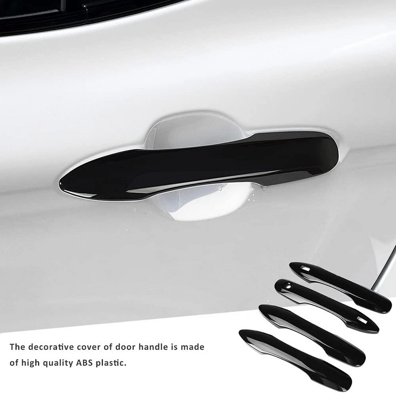 Glossy black ABS door handle cover mounted on white Toyota car exterior door