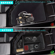 Before and after storage comparison of Kia EV6 center console with divider tray
