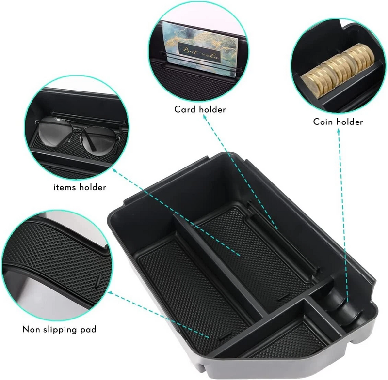 Multi compartment design of EV6 center tray with dedicated coin and card storage slots