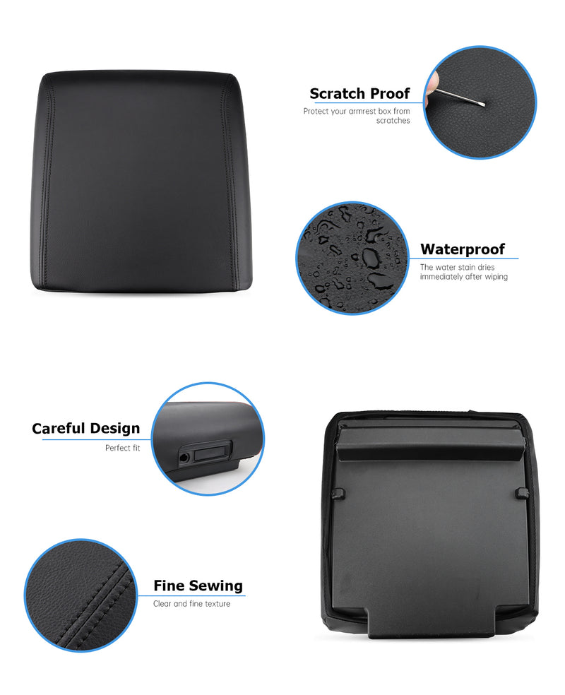 Close-up of leather armrest cover for Ford F150 with black stitching, showing soft texture and durable material for console protection
