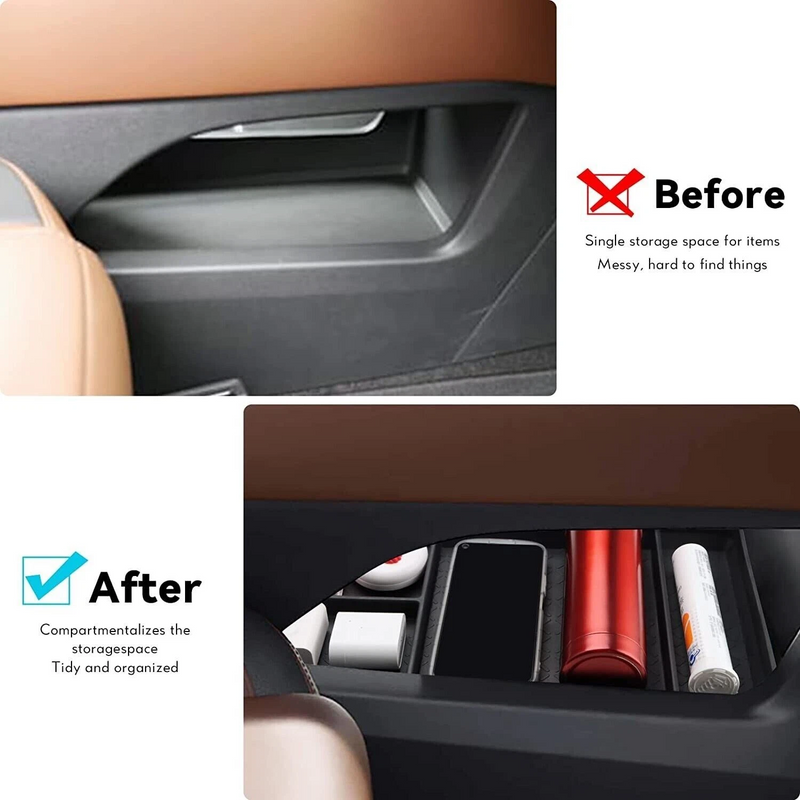 Storage space comparison before and after installing lower organizer tray
