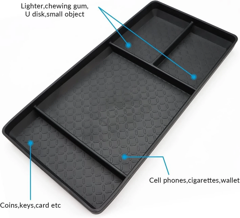 Divided slots layout introduction for storing small items on Nissan Pathfinder console tray