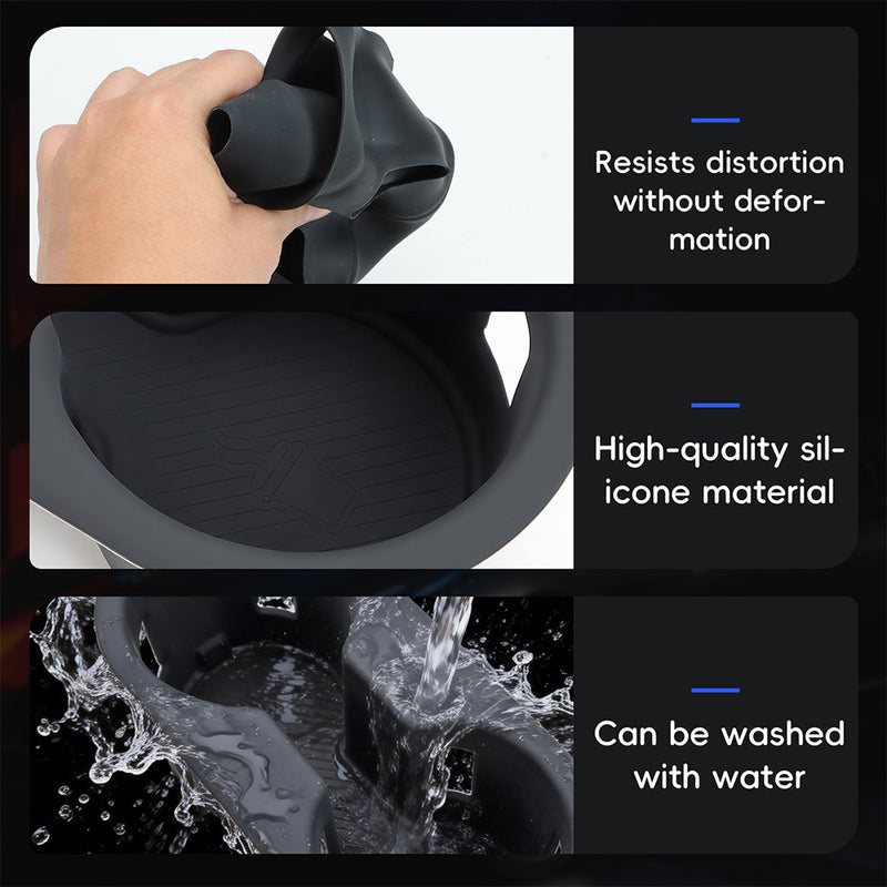 A three-part image showing the material features of a silicone car cup holder: resistance to distortion, high-quality material texture, and being washable with water.