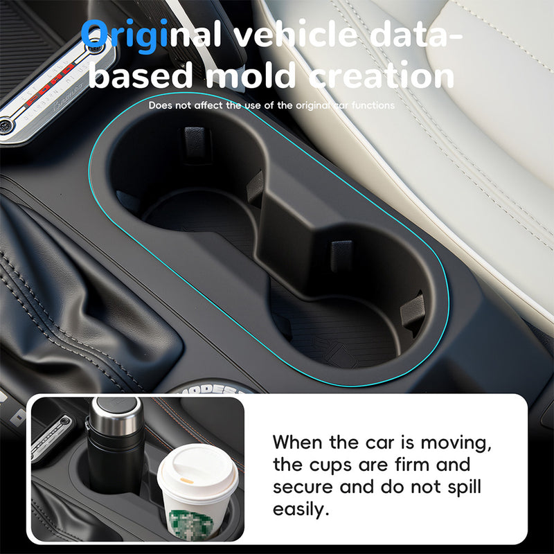 Silicone cup holder insert for Ford, showing the product and its installation in the center console.